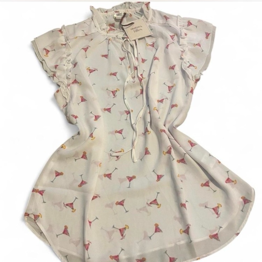 Women's Ruffle Sleeve Blouse - White with Pink Print